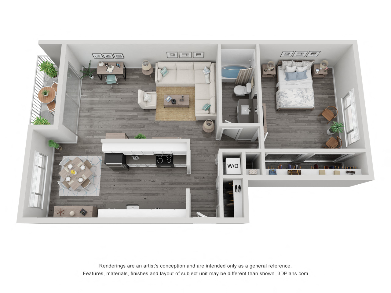 Floor plan for 1 bed, 1 bath, 785 sqft